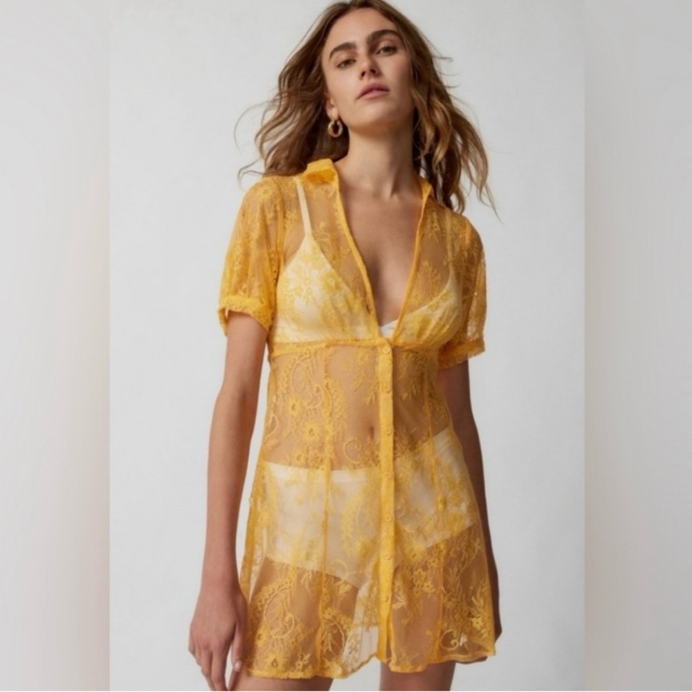 Urban Outfitters | The Connie Sheer Lace Mini Dress Golden Yellow XL